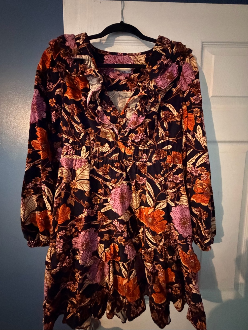 Pilcro Long-Sleeve Floral Tiered Dress in Black with Orange & Pink Blooms
